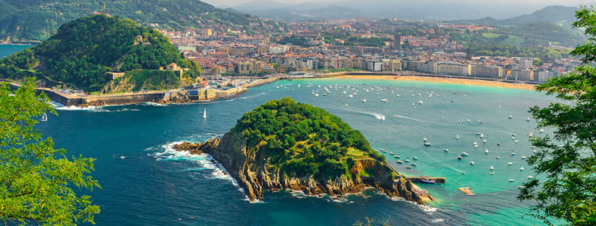 Aerial view of turquoise bay of San Sebastian or Donostia with beach La Concha, Basque country, Spain