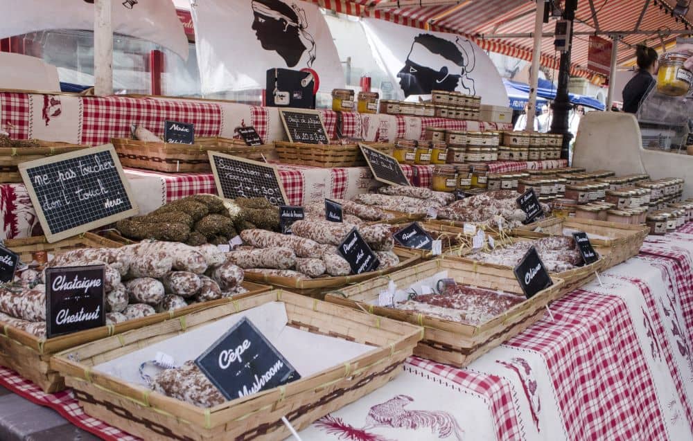 Corsican sausages and other types of charcuterie at the corsican sausage market.