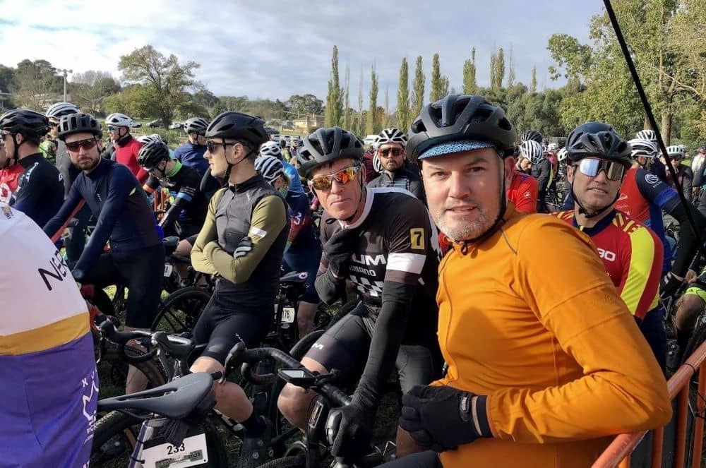 Startline of the Dirty Pig & Whistle event. Partner of Ride International, Legend Phil Anderson centre (B&W kit), Darren Baum of Baum Cycles centre (orange jacket), and Allan Iacuone former Australian Champion right (red & yellow stripe jersey).