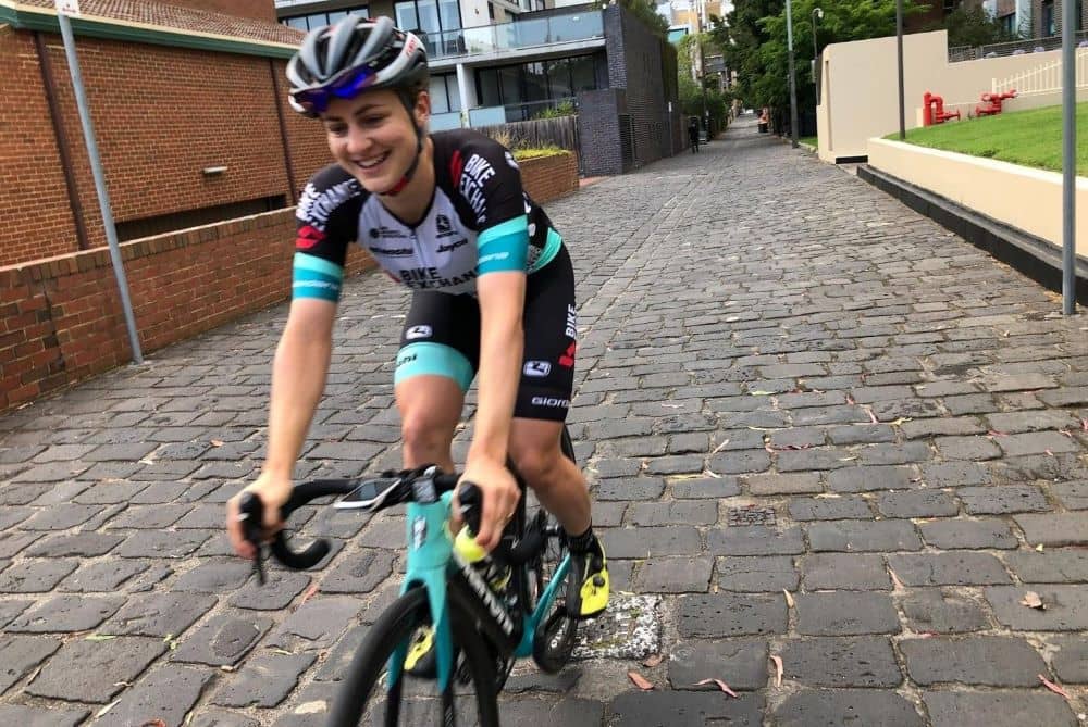 Grace Brown, training and working on cobble riding techniques on Melbourne's Carlton Sector, before heading to Europe in January earlier this year.