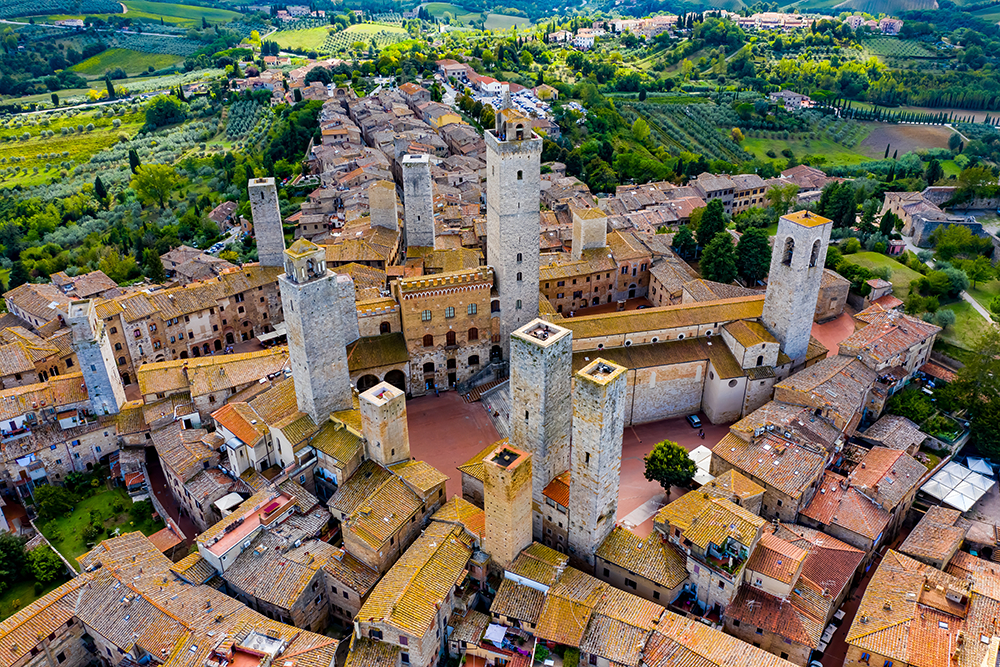 Ariel view of Italy's San Gimignano with historic buildings